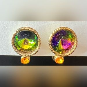 Vintage Gold Tone Multi Color Glass Rhinestone Earrings Clip On Fashion Jewels.